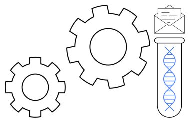 Vitesler mühendislik ve yenilik anlamına gelir, test tüpündeki DNA ipliği biyoteknolojiyi vurgular, zarf iletişimi ekler. Biyoteknoloji, mühendislik, yenilik, teknoloji ve işbirliği için ideal