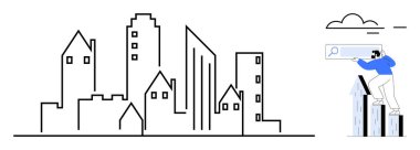 Çeşitli bina hatlarıyla minimalist şehir manzarası. İnsanoğlu yükselen sütunların tepesindeki arama çubuğuyla verileri keşfeder. Teknoloji, kentsel planlama, veri analizi, yenilik, gayrimenkul için ideal