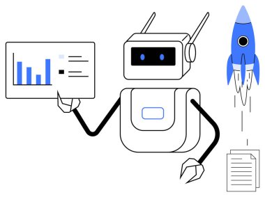Robot veri tablosunu tutuyor ve bir belgeyle roket fırlatıyor, teknoloji, analiz ve yeniliği sembolize ediyor. Yapay zeka, otomasyon, iş stratejileri, girişimler, gelecekteki fikirler için ideal