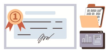 Kurdeleli birinci sınıf sertifika, dizinde ikili kod dosyası, ekranda veri tabloları. Başarı, başarı, veri, kodlama, eğitim, analiz teknolojisi için idealdir.