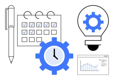 Kalem, işaretli takvim, viteste saat, teçhizatlı ampul ve ekranda grafik. Planlama, görev yönetimi, zaman yönetimi, strateji analizi yeniliği için ideal basit düz metafor