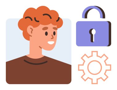 Mavi asma kilit ve turuncu takımların yanında gülümseyen genç biri. Dijital güvenlik, kişisel ayarlar, kullanıcı profili, çevrimiçi mahremiyet, özelleştirme, kullanıcı arayüzü, basit düz metafor