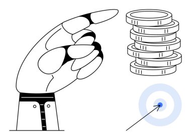 Para destelerini ve hedef tahtasını işaret eden robot el, otomasyon, doğruluk ve finansal verimliliği vurguluyor. Yenilik, teknoloji, yatırım, hedefler, hassas fintech için ideal
