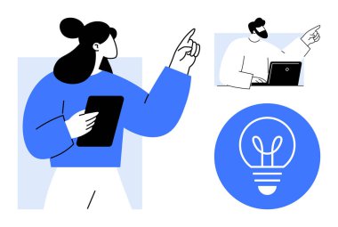 Tabletli kadın fikirlere işaret ediyor, dizüstü bilgisayardaki adam katkıda bulunuyor, yenilik için ampul takıyor. Takım çalışması için ideal, beyin fırtınası, yaratıcılık, iletişim, iş çözümleri, teknoloji basit