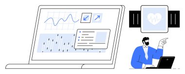 Kalp atış hızı ikonu ve eğilimleri gösteren iş adamı ile birlikte grafikler, veri grafikleri ve analizleri gösteren dizüstü bilgisayar. Analiz, sağlık, teknoloji, araştırma ve ticaret için ideal