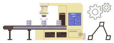 Robotik kol ve makine arayüzü altında nesneleri aktaran fabrika taşıyıcısı. Üretim, otomasyon, teknoloji, mühendislik, verimlilik, endüstri ve yenilik için ideal. Basit düz metafor