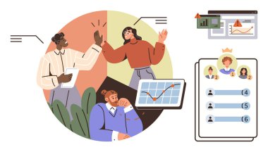 Grafikler ve veriler üzerinde işbirliği yapan meslektaşlar, takım çalışması, büyüme metrikleri ve bireysel başarılar üzerinde duruluyor. Liderlik, hedefler, analitik, başarı izleme, işbirliği verimliliği için ideal