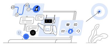 Mesajların, ifadelerin, kullanıcı profillerinin, hedeflerin ve analizlerin ortasındaki Chatbot. İletişim için ideal, Al. Müşteri ilişkileri, müşteri hizmetleri otomasyon geri beslemesi. Basit düz metafor