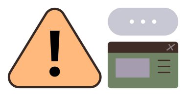 Sarı üçgende ünlem işareti, gri baloncukta elips ve yeşil tarayıcı pencere sekmesi. Uyarı işaretleri, bildirimler, web hataları, uygulama uyarıları, UX tasarımı, basit iniş sorunları için ideal