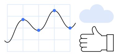 Veri noktaları ve trend çizgisi, bulut grafiği ve analizi, bulut hesaplamasını, onay ve ilerleme takibini sembolize eden başparmak resmi çizelgesi. Teknoloji, analitik, iş pazarlaması için ideal