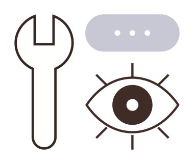 İngiliz anahtarı, göz ve sohbet balonu sunumları takım çalışması, yenilik, verimlilik ve onarım öneriyor. Problem çözme, kullanıcı odaklı strateji görüşü iletişimi ve teknoloji için ideal. Basit.