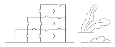 Birbirine bağlı yapboz parçaları takım çalışmasını ve ilerlemeyi vurguluyor. Soyut bitkiler denge ekler. İşbirliği, organizasyon, problem çözme, büyüme, planlama, yapı, basitlik için ideal