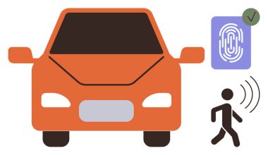 Biyometrik parmak izi tarayıcısı ve yaya tanıma sistemi olan kırmızı bir araba. Akıllı teknoloji, araba güvenliği, erişim kontrolü, biyometrik, yenilik, güvenlik sistemleri ve otomasyon konsepti için idealdir. Modern