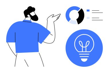 Parlayan bir ampul sembolünün yanında turta grafiğine ve veri içgörülerine doğru hareket eden bir adam. Sunumlar için ideal, takım çalışması, yenilik, analitik, strateji, yaratıcılık, basit iniş sayfası