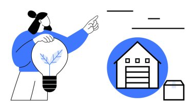 İçinde ağaç illüstrasyonu olan ampulü tutan kişi, yenilik ve sürdürülebilirliği sembolize ediyor. Yenilik için ideal, çevre dostu yaşam, konut, depolama, yaratıcılık