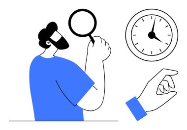 Büyüteç tutan adam yakından inceliyor, analog saat zamanı gösteriyor, el hareketi işaret ediyor. Zaman yönetimi, verimlilik, odaklanma, öncelikler, problem çözme, organizasyon için ideal