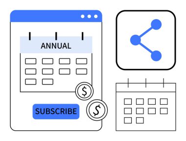 Yıllık takvim abonelik arayüzü, işaretli abonelik tuşu, dolar sikkeleri ve paylaşım simgesi. Program, abonelik, maliyet, çevrimiçi ödemeler, hizmet verimliliği basit iniş için ideal