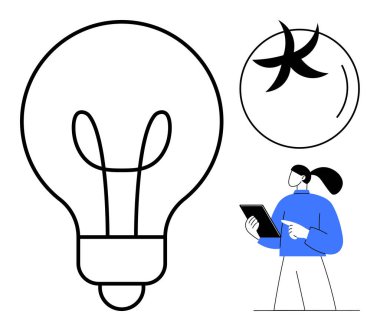 Büyük boy ampulün ve soyut dairesel elementin yanında tablet kullanan kadın yaratıcılık, yenilik ve teknolojiyi öneriyor. Yenilikçi zihniyet, beyin fırtınası, yaratıcı düşünce için ideal.