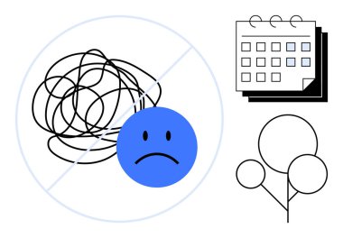 Karmaşık çizgilerin ortasındaki üzgün yüz, stres atmayı, takvim taşıma planlamasını, doğa yardımını simgeliyor. Kişisel bakım, üretkenlik, akıl sağlığı, farkındalık ve stres için ideal