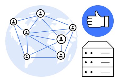 Dünya haritasında bağlı insanların ağı, sunucu sembolü ve onay işareti. İletişim, işbirliği, veri paylaşımı, sosyal medya, küresel sosyal yardım, bilişim sistemleri için ideal bir iniş sayfası