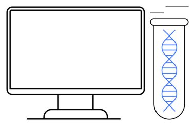Bilgisayar ekranı ve DNA sarmalı içeren bir test tüpü teknoloji, genetik ve araştırmanın kesişimini sembolize ediyor. Biyoteknoloji, genetik çalışmalar, biyoenformatik, bilimsel yenilik için ideal