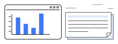 Katmanlı belgelerin yanında bir tarayıcı arayüzü üzerinde bar grafiği. Analiz, raporlama, ön panel tasarımı, eğitim, veri yönetimi, iş stratejisi, basit düz metafor