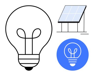 Siyah beyaz ampul, güneş paneli ve ampullü mavi daire ikonu. Enerji, sürdürülebilirlik, yenilik, yenilenebilir kaynaklar, teknoloji, ekolojik çözümler için ideal basit iniş sayfası
