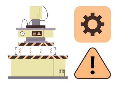 Dikkat çizgili endüstriyel makineler, ısıtma sembolleri, ünlem tehlike işareti ve vites simgesi. Üretim, güvenlik protokolleri, risk yönetimi, bakım ve ihtiyatlı işyeri için ideal