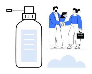 İki profesyonelin yanında sıvı bulunan büyük bir şeker kutusu. Biri bir pano, diğeri de bir çanta tutuyor. İş ahlakı, temizlik, sağlık, ortaklık, hijyen için ideal