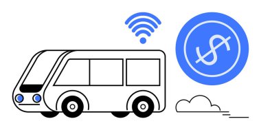 Kablosuz sinyali ve ödeme ikonu olan modern bir minibüs. Ulaşım yeniliği, binicilik ödemesi, akıllı şehir, bağlantı, sürdürülebilir seyahat, şehir planlaması, basit düz metafor