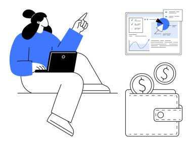 Bilgisayarında veri tabloları, cüzdanı ve para birimleriyle çalışan bir kadın. Finans, bütçe, veri analizi, çevrimiçi bankacılık, yatırım, finansal planlama için ideal