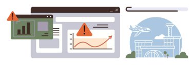 Uyarı işaretli çizelgeler, tarayıcı pencereleri ve uçakla havaalanı terminali illüstrasyonları. Veri analizi, havacılık yönetimi, sorun tespit, hata raporlama, risk değerlendirmesi, eğilim için ideal