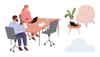 İki meslektaş bir masada laptoplar, sandalyeler, gazeteler ve bir kahve fincanı ile çalışmayı tartışıyor. Yakınlarda, dizüstü bilgisayarı ve bitkisi olan rahat bir sandalye hibrit çalışma ortamını ön plana çıkarıyor. Takım çalışması için ideal