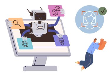 Monitörden çıkan dört kollu robot arama, fikir ve ayarları, yüz tanımlama ve kontrol işaretli kullanıcı tanımlamasını onaylıyor. Diz çökmüş adam adaptasyon yeteneğini gösteriyor. Al için ideal.