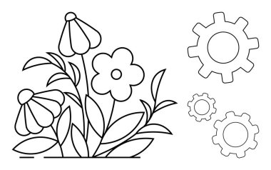 Yaprak ve taç yapraklı çiçek grubu doğayı üç mekanik dişli ile birleştirmeyi sembolize eder. Sürdürülebilirlik, yenilik, denge, büyüme, eko-teknoloji, üretkenlik, basit iniş sayfası için ideal