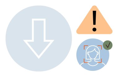 Aşağıya doğru ok, ünlem işaretli dikkat üçgeni ve onaylanmış kullanıcı sembolü süreci, uyarıyı ve onayı vurguluyor. Güvenlik, kimlik doğrulama, indirme, dosya paylaşım kullanıcı doğrulaması için ideal