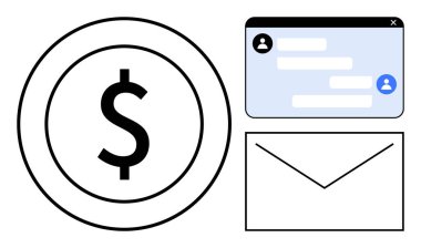 Çember içinde siyah dolar işareti, mesajlı bir sohbet penceresi ve mali işlemleri, iletişimi ve mesaj alışverişini sembolize eden bir zarf simgesi. İş ve bankacılık için ideal.