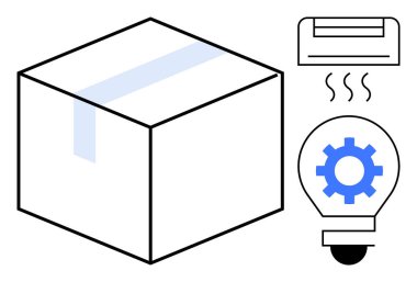 İçinde bant mührü, sıcak buhar yayan klima ve dişli ampul bulunan kübik bir paket. Lojistik, yenilik, verimlilik, nakliyat, iklim kontrolü, teknoloji ekip çalışması için ideal