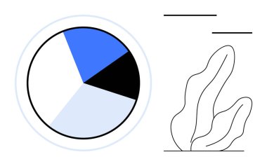 Soyut dalgalı bitki şeklinin yanında mavi, siyah ve gradyan dört parçalı dairesel pasta grafiği. İş analizleri, sunumlar, raporlar, eğitim, yaratıcılık ve organizasyon için idealdir.