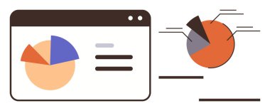 Renkli turta grafikleri, metin elemanları ve bağlantılı analitiklerden oluşan Web kontrol paneli arayüzü. Veri görselleştirme, analiz, iş anlayışı, sunum, finans, strateji planlaması için ideal