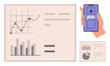 Analiz ve güvenlik erişimini gösteren grafikler, çubuklar ve pasta grafiklerinin yanında ekranın kilidini aç. Teknoloji, güvenlik, veri, iş, finans, araştırma eğitimi için ideal