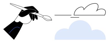 Elinizde bir fırça, basit vuruşlar ve şekillerle bir bulut çizmek, yaratıcılık, minimalizm ve hayal gücünü birleştirmek. Sanat, tasarım, yaratıcılık, ilham, yenilik fikirleri için ideal