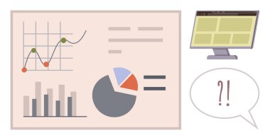 Bilgisayar ve soru baloncuğunun yanında çubuk grafik, çizgi grafiği ve pasta grafiği olan istatistiksel gösterge paneli. Veri yönetimi, analitik, iş performansı, araştırma ve sorun çözme için ideal