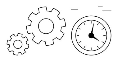 Saatin yanında çalışan birbirine bağlı dişliler verimliliği, takım çalışmasını ve planlamayı sembolize ediyor. Üretkenlik, otomasyon, zamanlama, iş akışı optimizasyonu, proje yönetimi için ideal