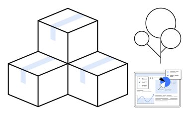 Analitik çizelgeler ve ağaç elementlerinin yanında istiflenmiş üç kutu. Lojistik, ecommerce, nakliye, envanter, çevresel odak, analitik ve basit iniş sayfası için ideal