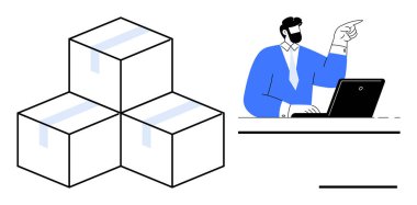 İşçi, dizüstü bilgisayarı üç paket kutunun yanında kullanırken işaret ediyor. Lojistik, tedarik zinciri, envanter, e-ticaret, nakliye, takım koordinasyonu, iş planlaması için ideal. Çok basit