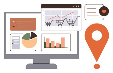 Analitik gösterge panellerini alışveriş arabası trendleri, çizelgeleri ve grafiklerle görüntüle. Turuncu lokasyon iğnesi ve konuşma balonu e-ticaret, satış ve optimizasyonu vurguluyor. Pazarlama için ideal