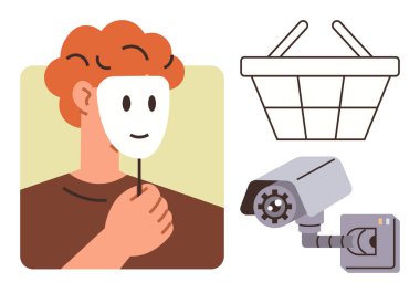 Gizli kimliği simgeleyen bir maske takan kişi, güvenlik kamerası gözetlemeyi temsil eden ve tüketici davranışını gösteren bir sepet. Temalar için ideal mahremiyet, anonimlik, siber güvenlik