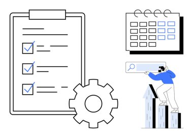 Kontrol işaretli kontrol listesi, planlama takvimi, süreç için dişli sembolü, kişi çubuk çizelgesine tırmanıyor, arama için büyüteç. Üretkenlik, hedef belirleme, organizasyon, takım çalışması için ideal