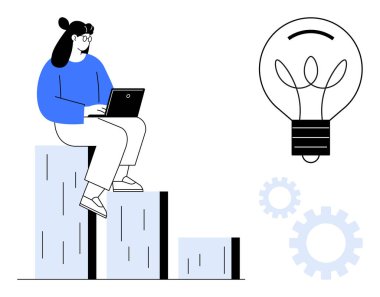 Yükselen bar çizelgesinde oturan bir kadın dizüstü bilgisayar kullanarak ampul ve mekanik viteslerin yanında oturuyor. Büyüme, yenilik, başarı, öğrenme, yaratıcılık, strateji teknolojisi için idealdir. Basit bir daire.